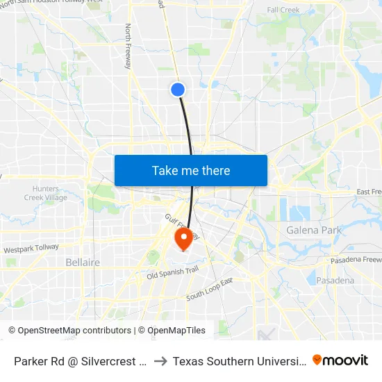 Parker Rd @ Silvercrest St to Texas Southern University map