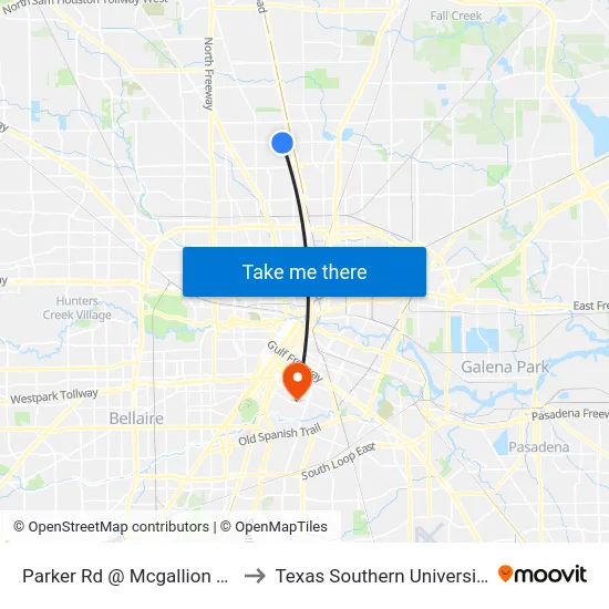 Parker Rd @ Mcgallion Rd to Texas Southern University map