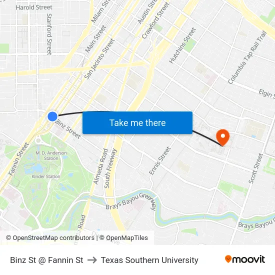 Binz St @ Fannin St to Texas Southern University map
