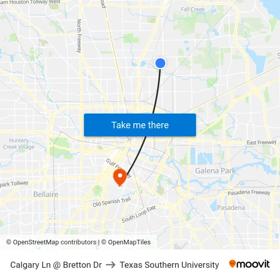 Calgary Ln @ Bretton Dr to Texas Southern University map
