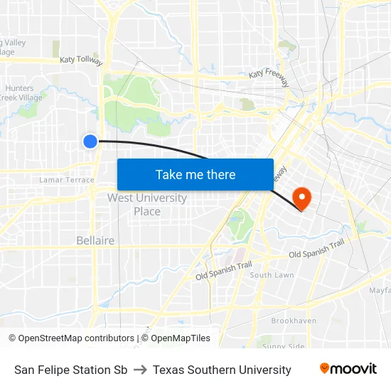 San Felipe Station Sb to Texas Southern University map
