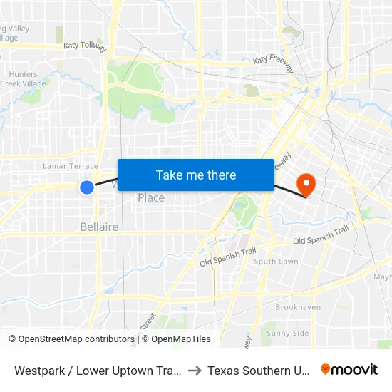 Westpark / Lower Uptown Transit Center to Texas Southern University map