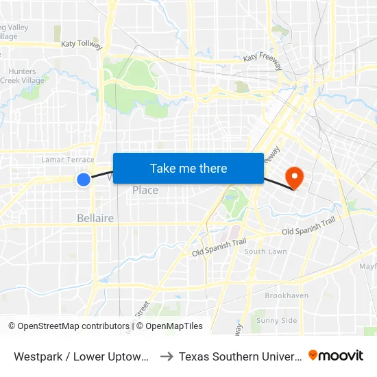 Westpark / Lower Uptown Brt to Texas Southern University map