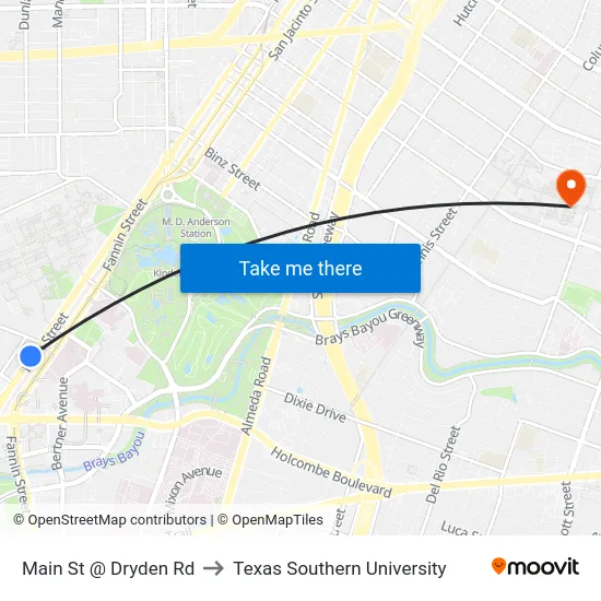 Main St @ Dryden Rd to Texas Southern University map