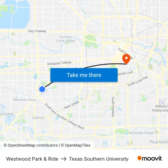 Westwood Park & Ride to Texas Southern University map