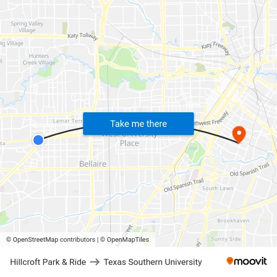 Hillcroft Park & Ride to Texas Southern University map