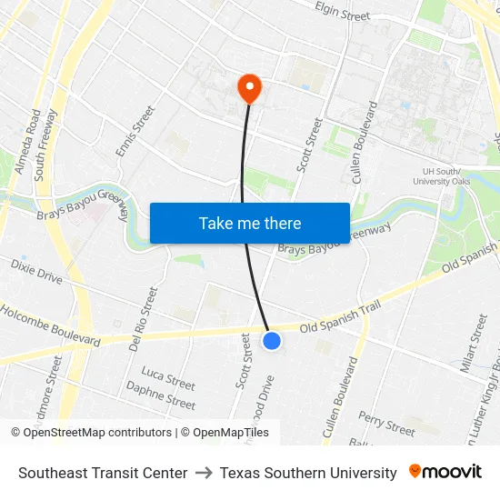 Southeast Transit Center to Texas Southern University map