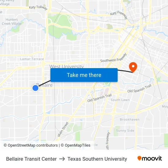 Bellaire Transit Center to Texas Southern University map