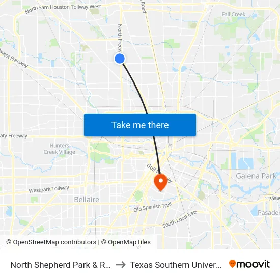 North Shepherd Park & Ride to Texas Southern University map