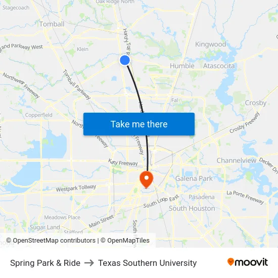 Spring Park & Ride to Texas Southern University map