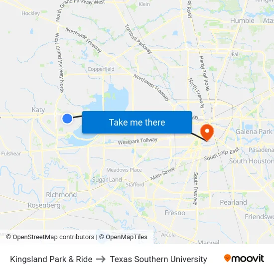 Kingsland Park & Ride to Texas Southern University map