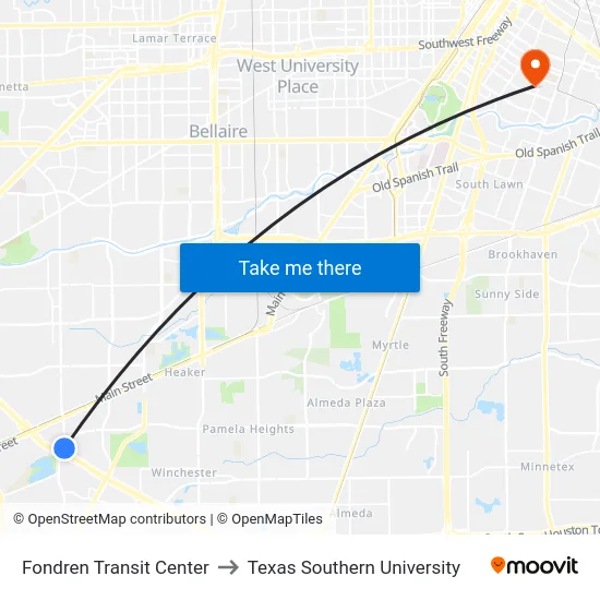 Fondren Transit Center to Texas Southern University map