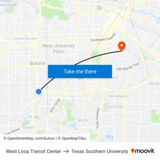 West Loop Transit Center to Texas Southern University map