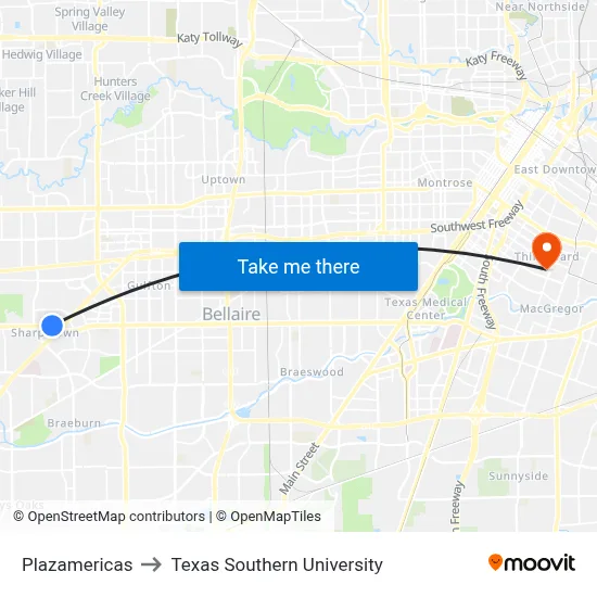 Plazamericas to Texas Southern University map