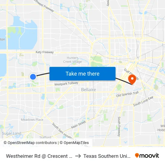 Westheimer Rd @ Crescent Park Dr to Texas Southern University map