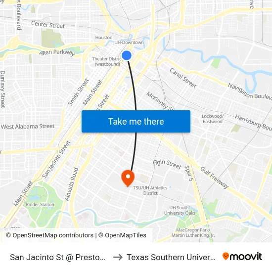 San Jacinto St @ Preston St to Texas Southern University map