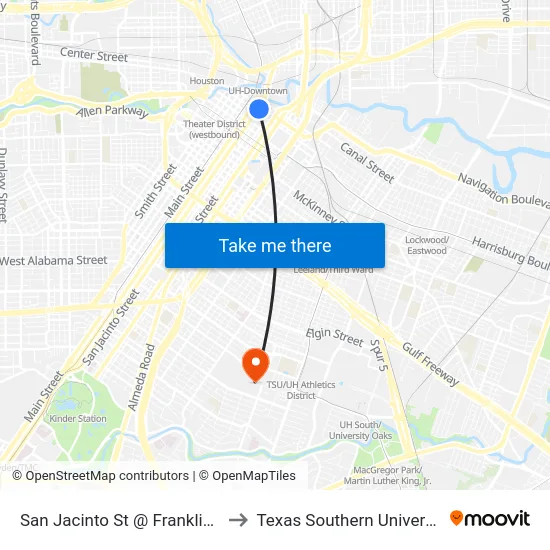 San Jacinto St @ Franklin St to Texas Southern University map
