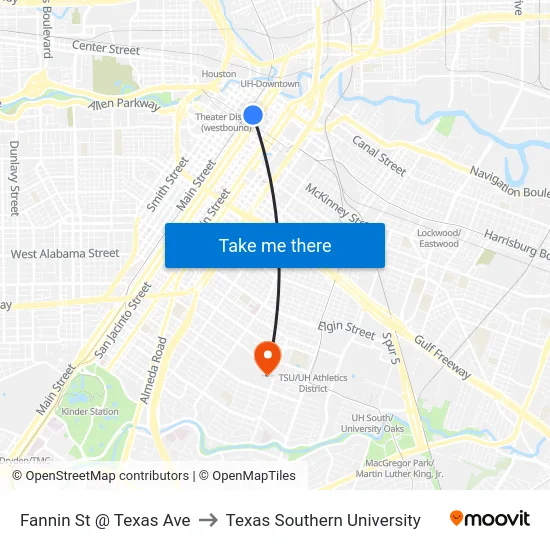 Fannin St @ Texas Ave to Texas Southern University map