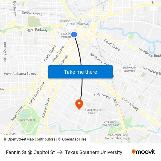 Fannin St @ Capitol St to Texas Southern University map