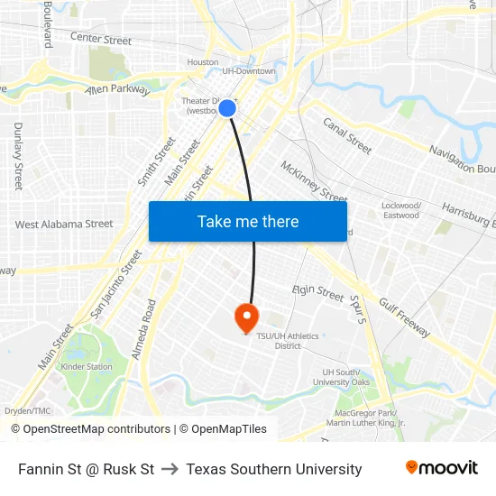 Fannin St @ Rusk St to Texas Southern University map