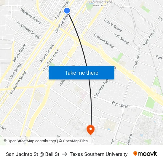 San Jacinto St @ Bell St to Texas Southern University map