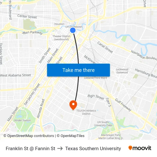 Franklin St @ Fannin St to Texas Southern University map