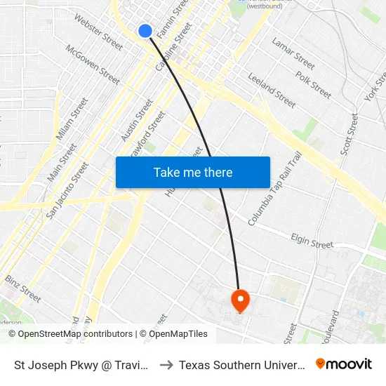 St Joseph Pkwy @ Travis St to Texas Southern University map