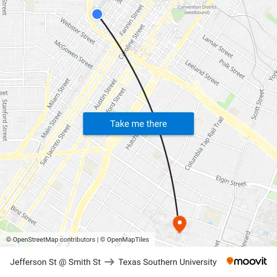 Jefferson St @ Smith St to Texas Southern University map