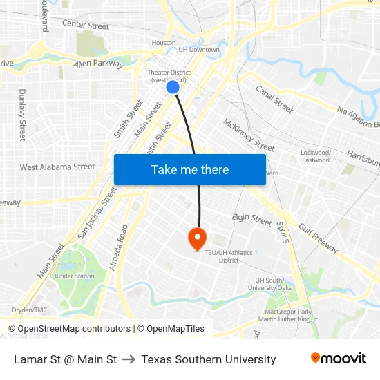 Lamar St @ Main St to Texas Southern University map