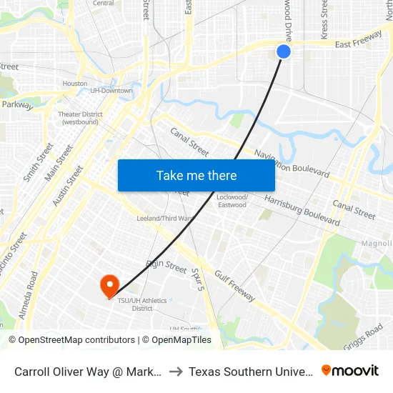 Carroll Oliver Way @ Market St to Texas Southern University map