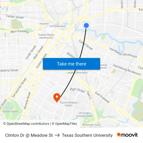 Clinton Dr @ Meadow St to Texas Southern University map