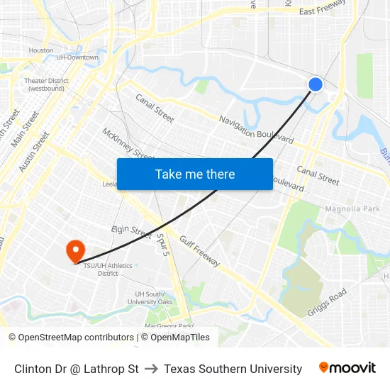 Clinton Dr @ Lathrop St to Texas Southern University map