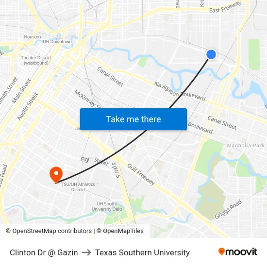 Clinton Dr @ Gazin to Texas Southern University map