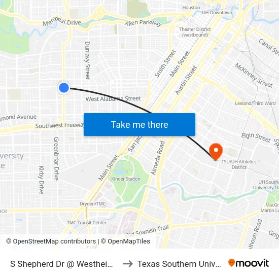 S Shepherd Dr @ Westheimer Rd to Texas Southern University map