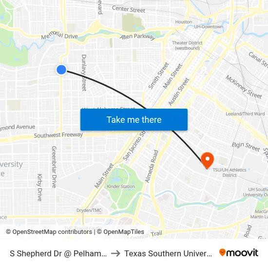 S Shepherd Dr @ Pelham Dr to Texas Southern University map