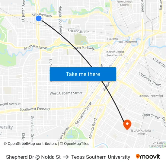 Shepherd Dr @ Nolda St to Texas Southern University map
