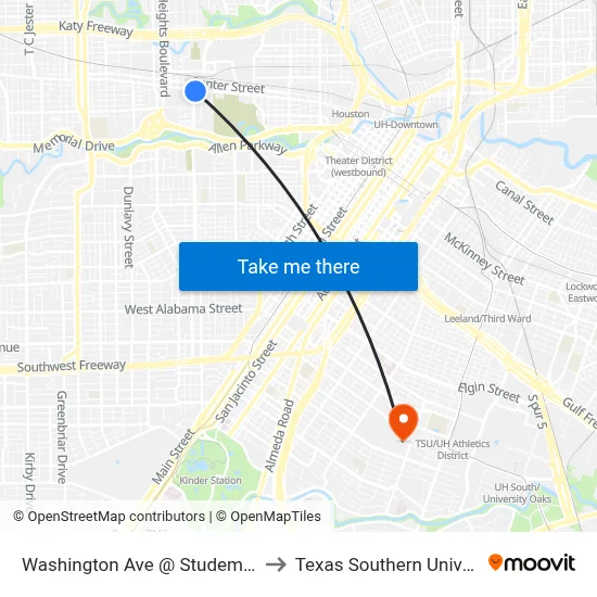 Washington Ave @ Studemont St to Texas Southern University map