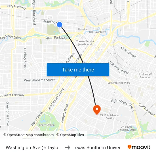 Washington Ave @ Taylor St to Texas Southern University map