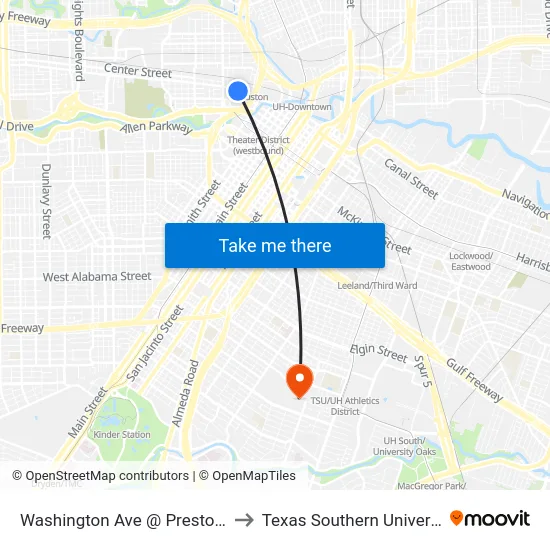 Washington Ave @ Preston St to Texas Southern University map