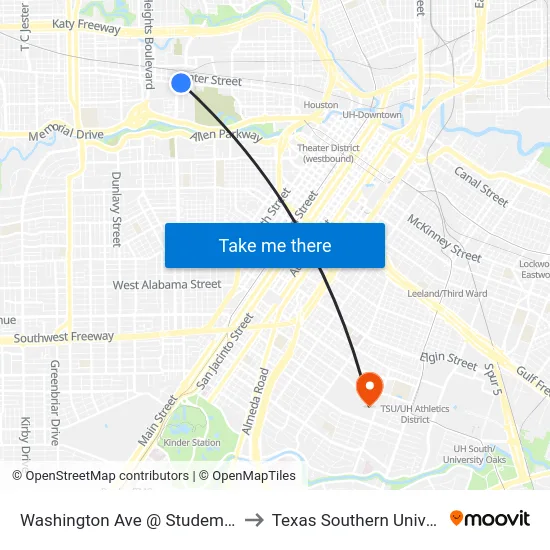 Washington Ave @ Studemont St to Texas Southern University map