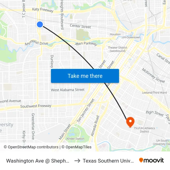 Washington Ave @ Shepherd Dr to Texas Southern University map
