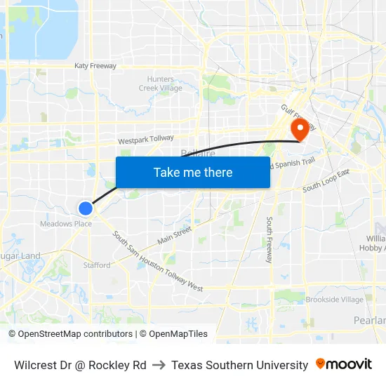 Wilcrest Dr @ Rockley Rd to Texas Southern University map