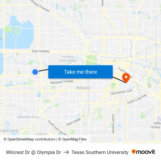Wilcrest Dr @ Olympia Dr to Texas Southern University map