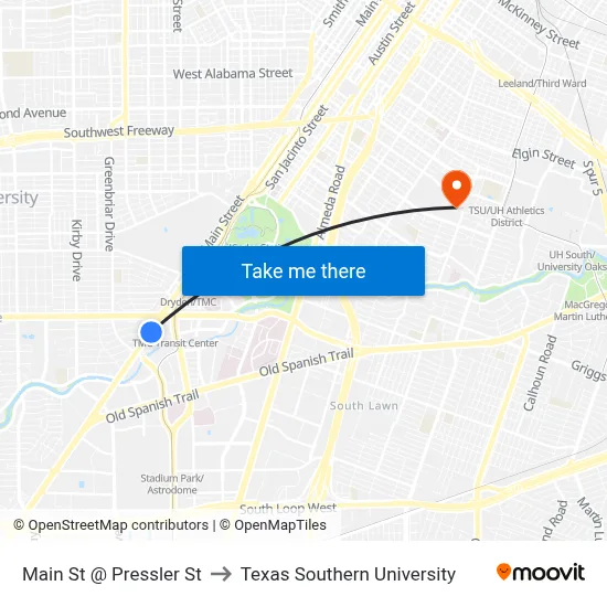 Main St @ Pressler St to Texas Southern University map