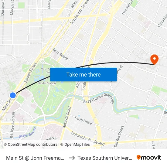 Main St @ John Freeman St to Texas Southern University map