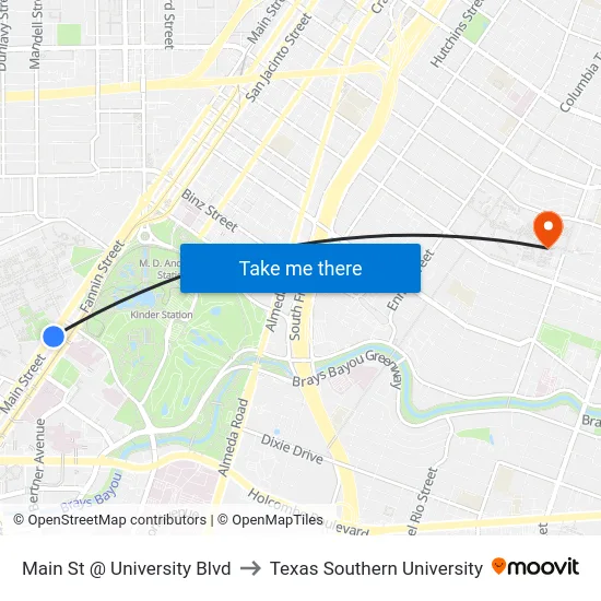 Main St @ University Blvd to Texas Southern University map