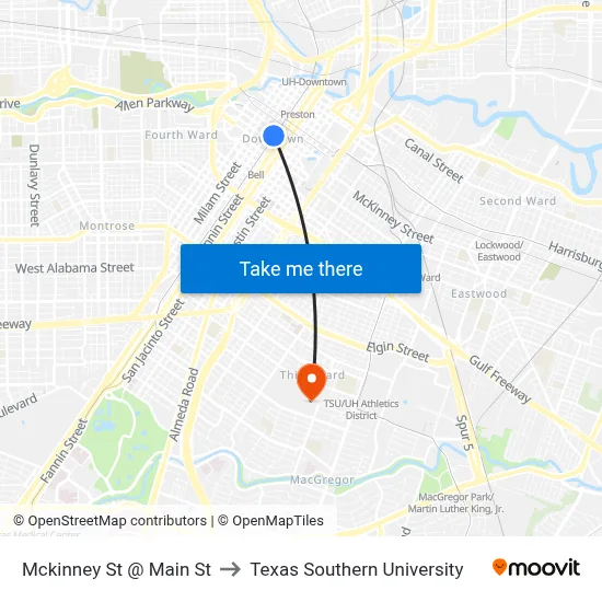 Mckinney St @ Main St to Texas Southern University map