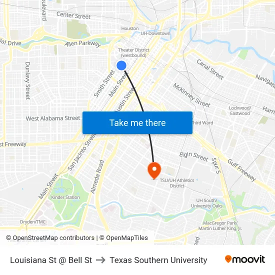 Louisiana St @ Bell St to Texas Southern University map