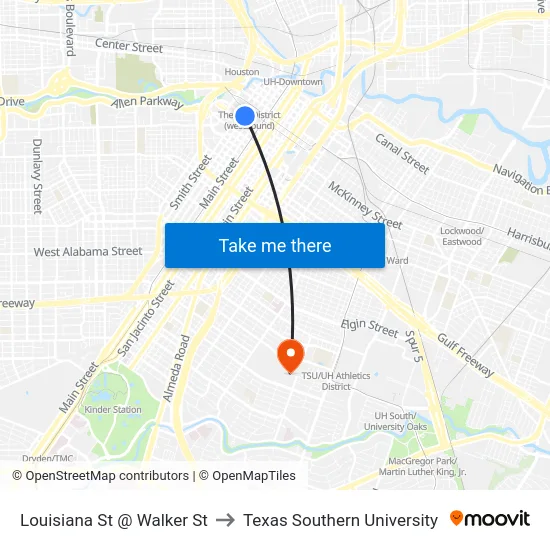 Louisiana St @ Walker St to Texas Southern University map