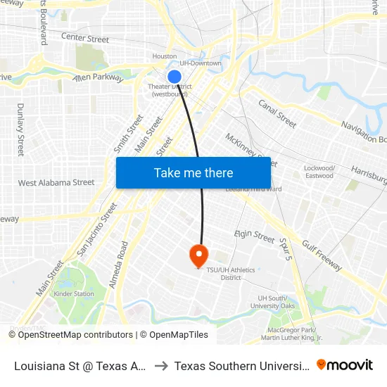 Louisiana St @ Texas Ave to Texas Southern University map